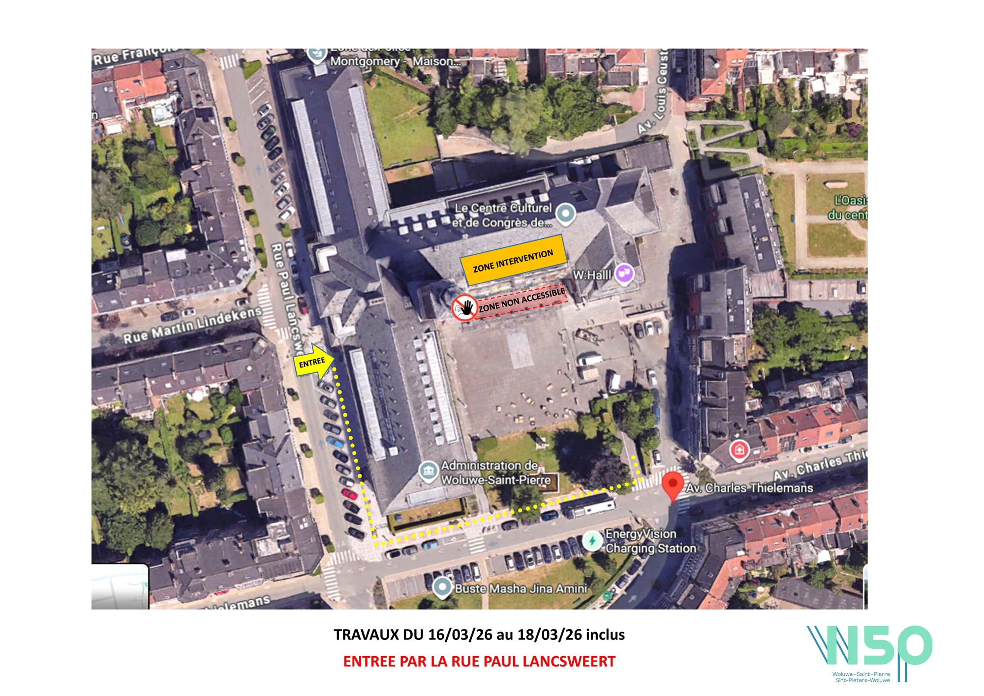 Plan d'accès à l'hôtel communal durant les travaux du 16 au 18 mars 2026. 